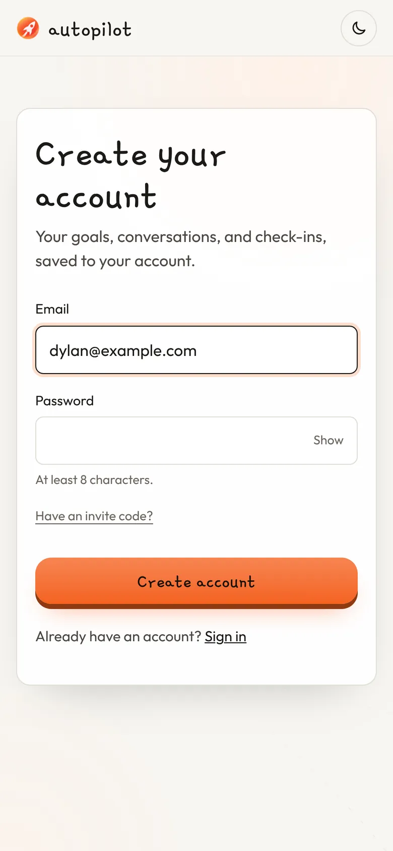 The sign-up screen: email and password.