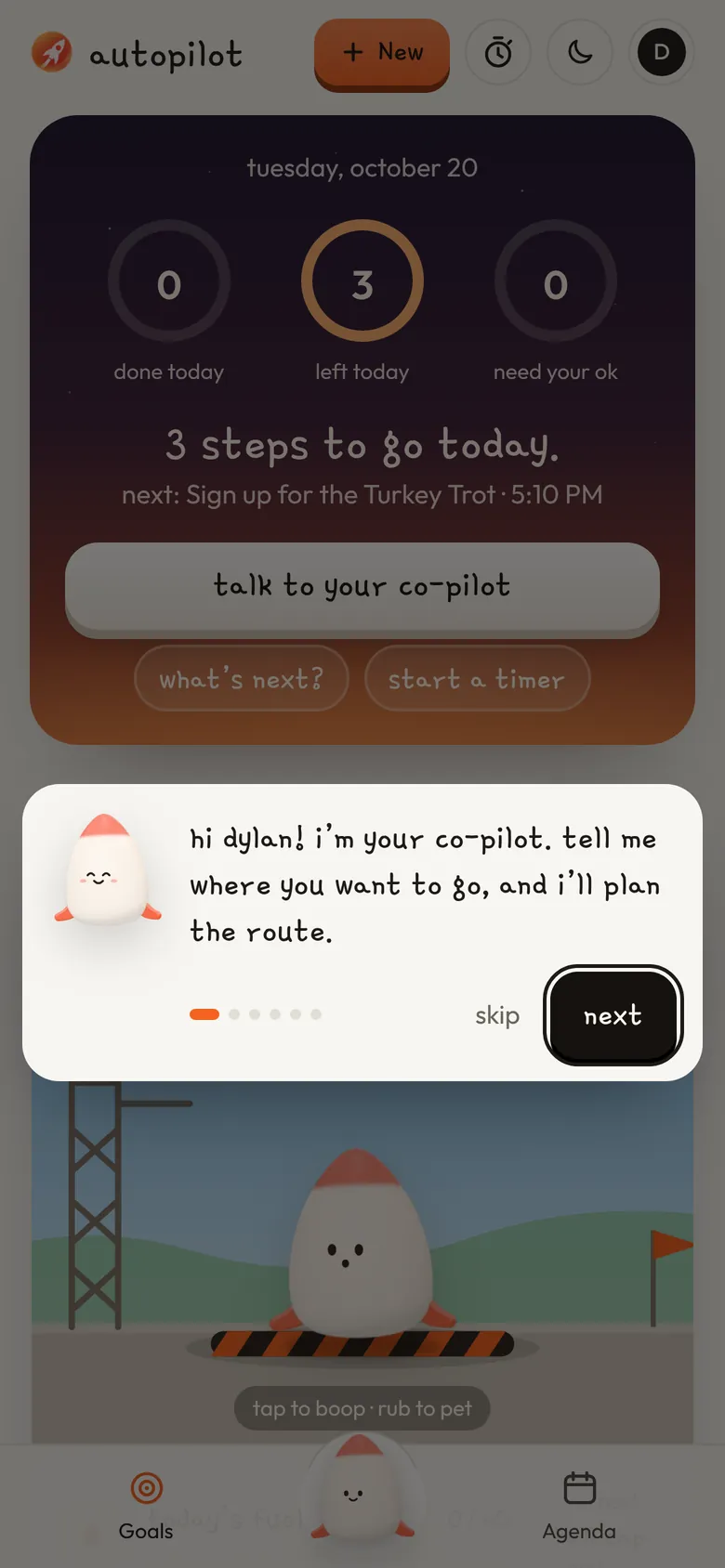 The dashboard with the co-pilot’s first tour card: “hi dylan! i’m your co-pilot.”