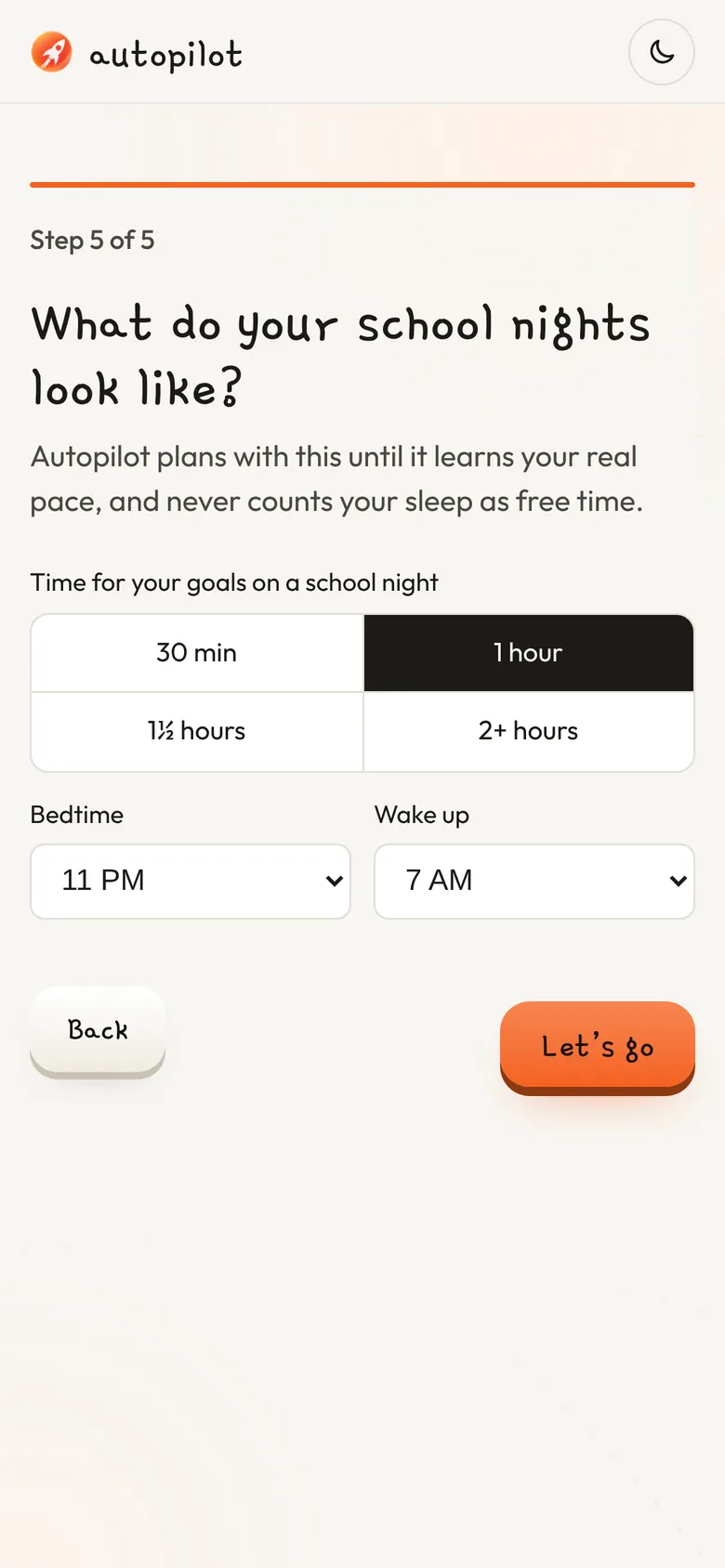 An onboarding step: time for goals on a school night, bedtime, and wake-up time.